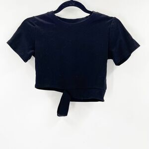 Shein Womens Crop Top Size M Black Cut Out Hem Crew Neck Short Sleeve